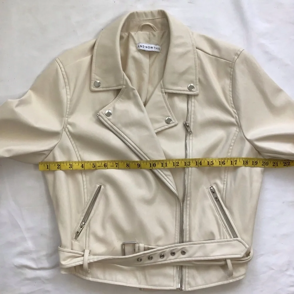 AND NOW THIS WOMEN STYLISH CREAM FAUX LEATHER COLLARED ZIPPER MOTO JACKET SZ L - Picture 9 of 12